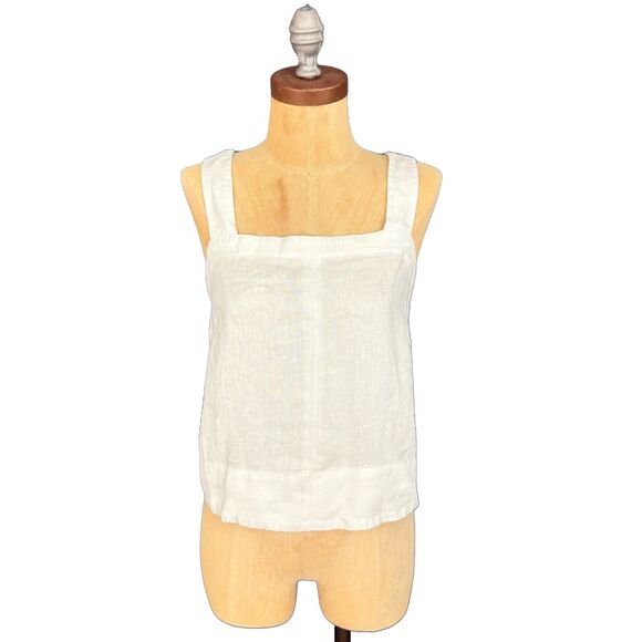 MADEWELL Contrast-Stitch Squareneck Top 100% Linen M Salt White Tank NWT B83 - Picture 2 of 6